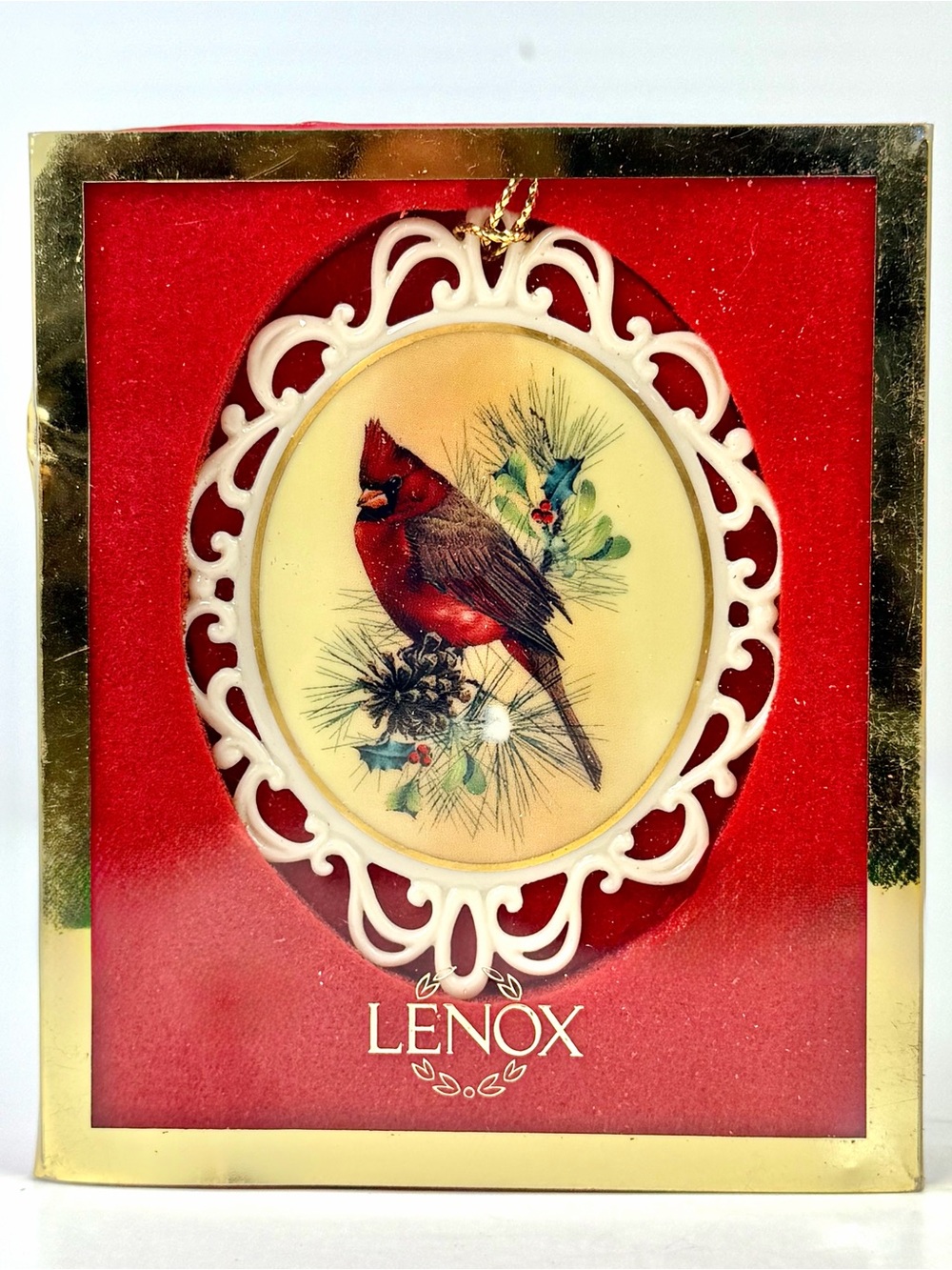Lenox Winter Greetings Cardinal Oval Pierced Edge Cameo Porcelain Ornament - Box